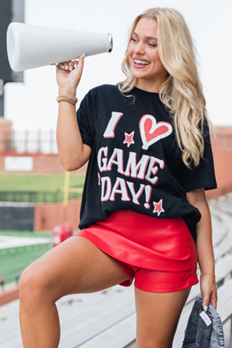 Black I Love GAME DAY Heart Printed Crewneck T Shirt