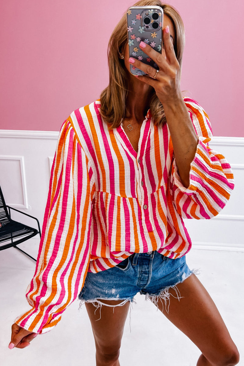 Orange Stripe Balloon Sleeve Notched V Neck Blouse