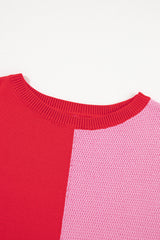 Tomato Red Mix Knitted Patchwork Ruffle Trim Loose T Shirt