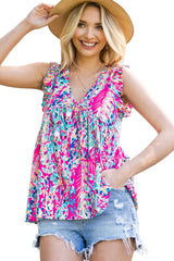 Rose Red Paisley Print Boho Ruffle Hem Sleeveless Shirt