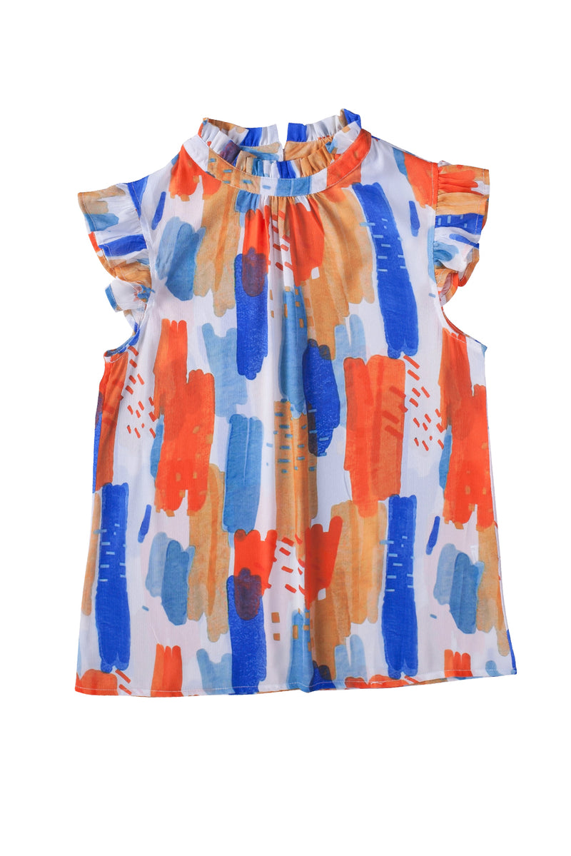 Multicolor Abstract Print Ruffled Sleeveless Blouse for Women