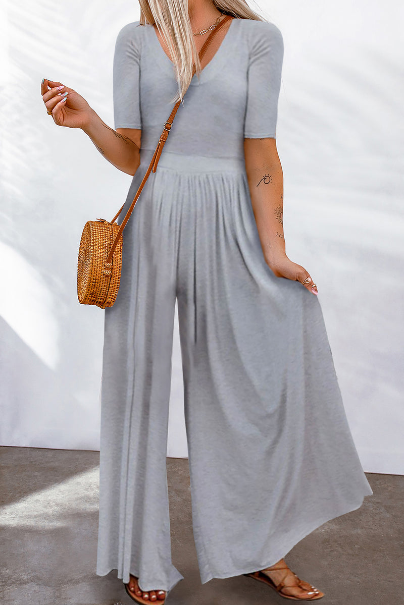 Gray Plain Basic Short Sleeve Wide Leg Jumpsuit