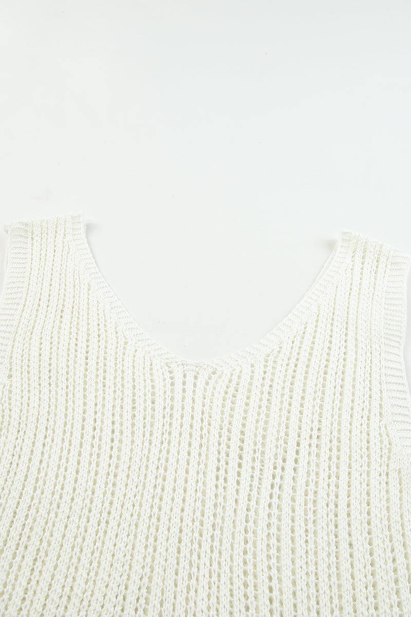 White Hollowed Knit V Neck Tank Top