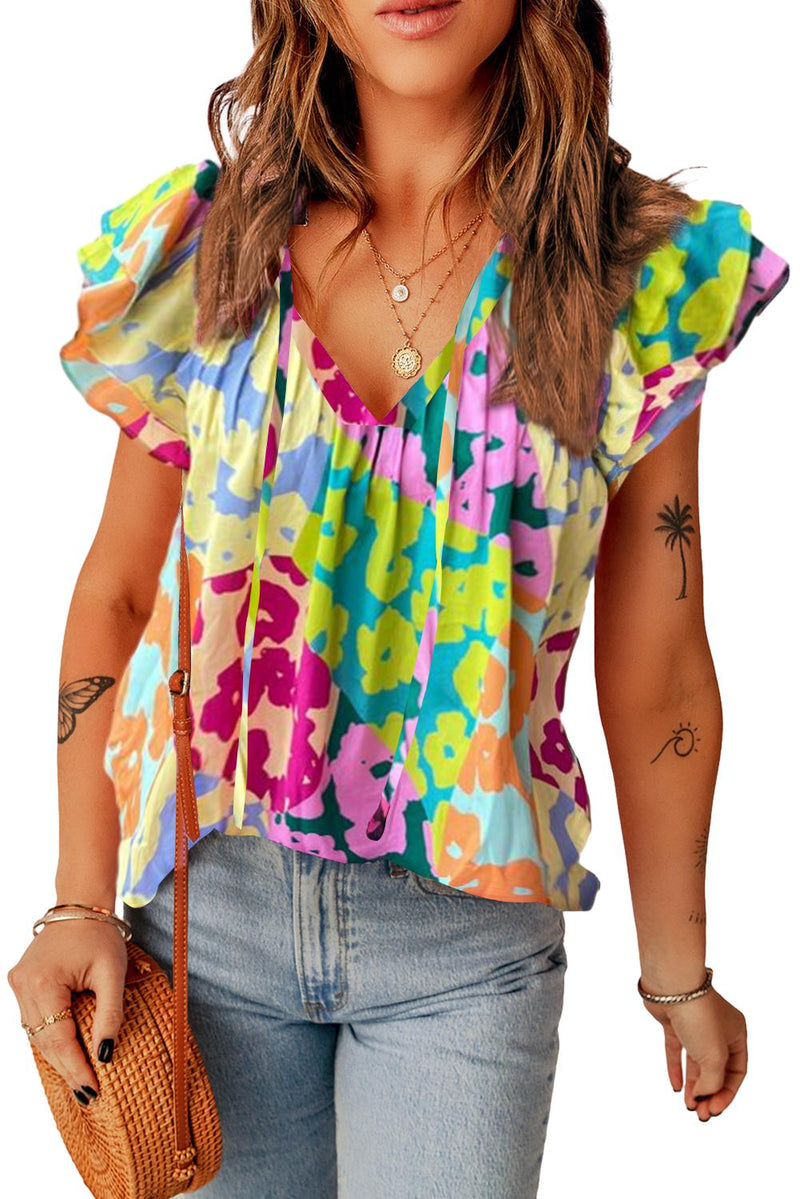 Multicolour Leopard Flutter Sleeve V Neck Crinkled Blouse