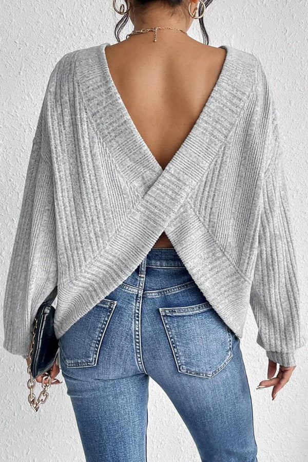 Light Grey Ribbed Backless Drop Sleeve Top