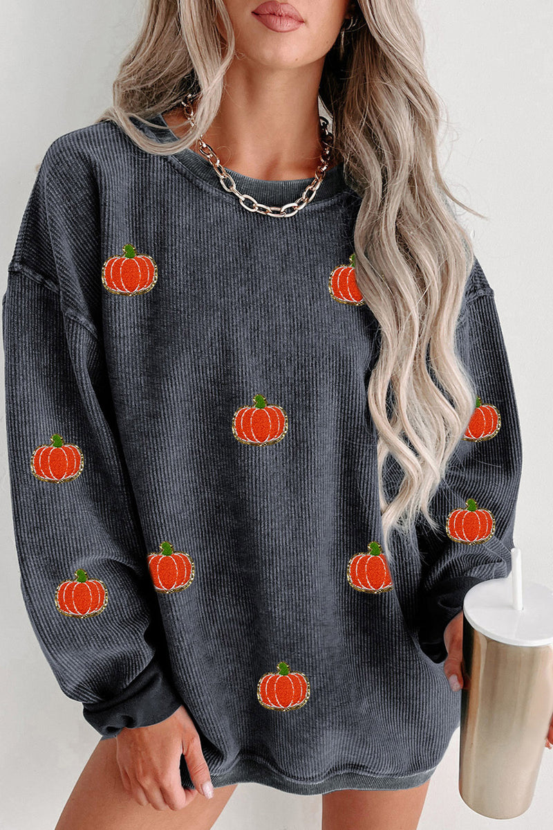 Khaki Crinkle Ribbed Halloween Pumpkin Graphic Sweatshirt