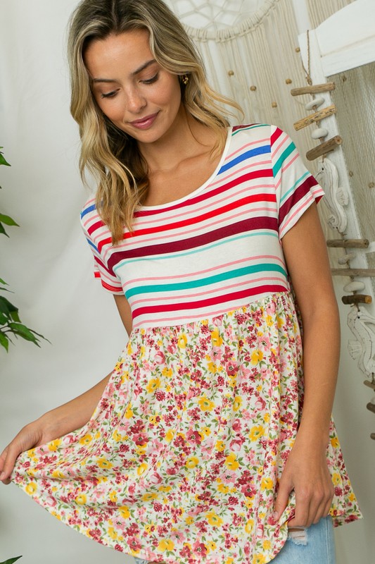 MULTI STRIPE FLORAL PRINT MIXED TOP