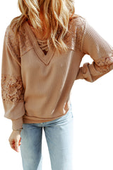 Apricot Lace and Waffle Knit Crisscross Straps V Neck Long Sleeve Top