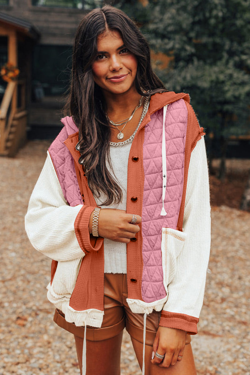 Coral Quilted Textured Patchwork Hooded Jacket