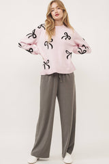 Light Pink Bow Print Long Sleeve Loose Fit Sweater