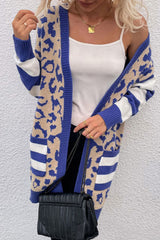 Dark Blue Stripe Sleeve Leopard Print Cardigan