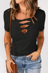 Black Cut Out Twist Casual Rib-Knit T Shirt for Women