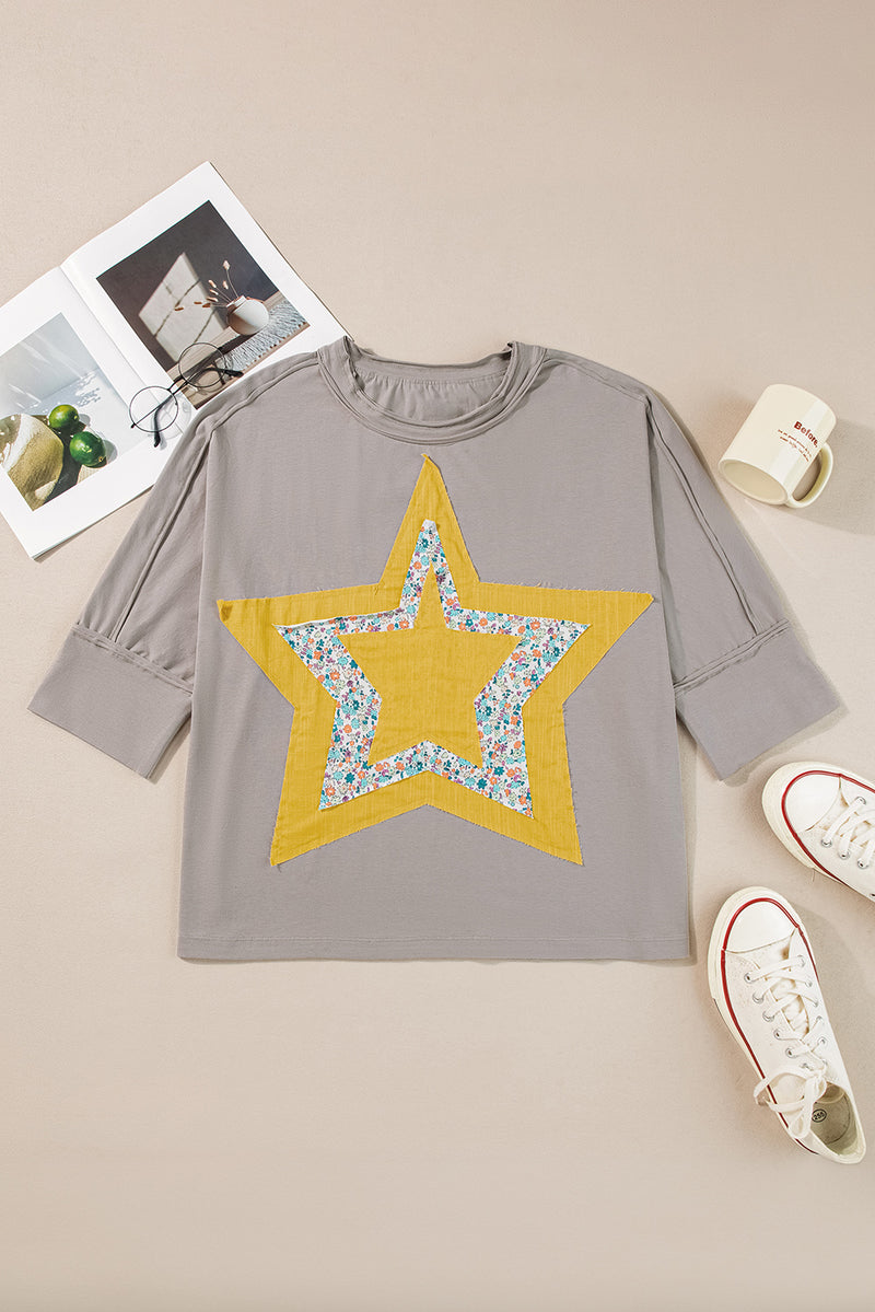 Medium Grey Floral Star Patched Exposed Seam Mineral Wash Top