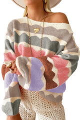 Gray Wave Striped Balloon Sleeve Drop Shoulder Sweater