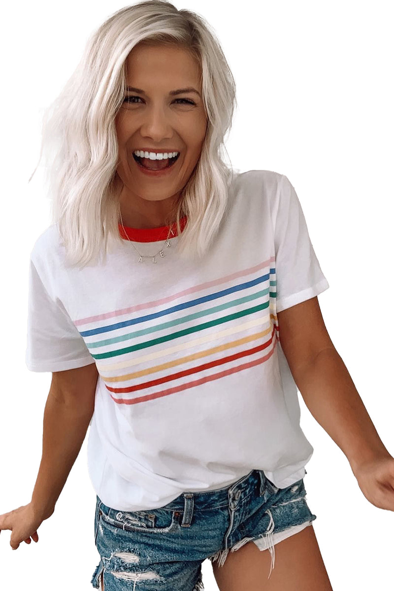 White Rainbow Stripe Print Crewneck T Shirt