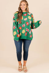 Green Plus Size Floral Knitted Drop Shoulder Sweater