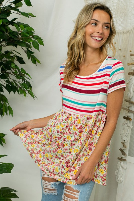 MULTI STRIPE FLORAL PRINT MIXED TOP