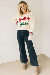 Beige Tinsel Holly Jolly Graphic Round Neck Sweater