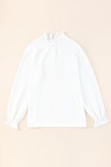 White Frill Smocked Casual Textured Bishop Sleeve Blouse