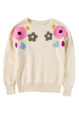 Beige 60s Flower Pattern Knitted Sweater