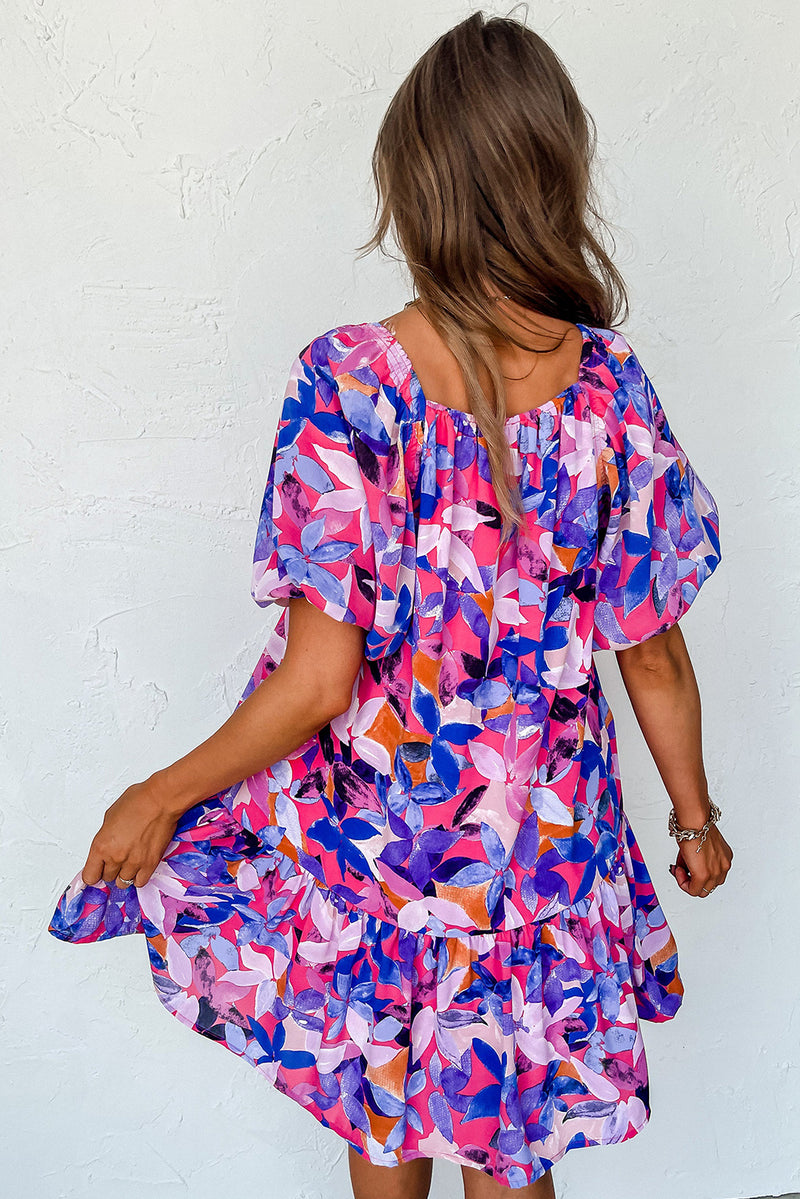 Purple Flower Print Short Puff Sleeve Ruffle Mini Dress