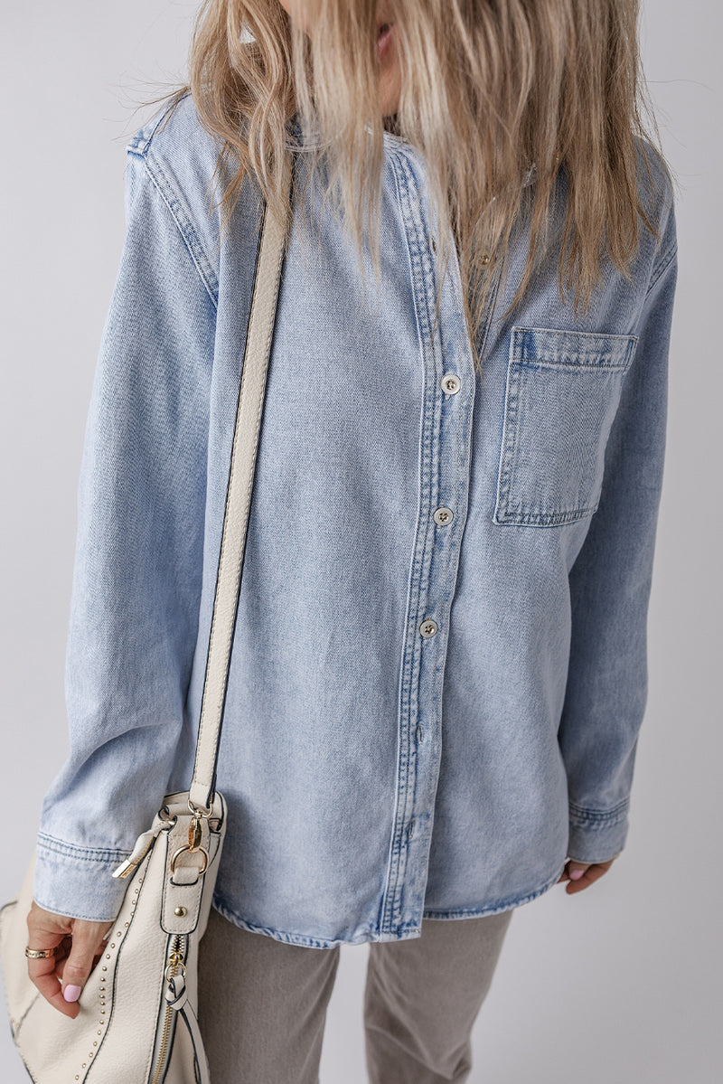 Beau Blue Long Sleeve Buttoned Chest Pocket Denim Shirt