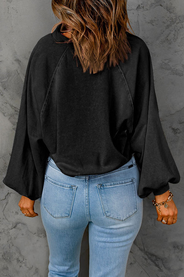 Black Snap Buttons Collared Balloon Sleeve Oversized Sweatshirt