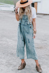 Black Distressed Bib Pocket Wide Leg Denim Overall