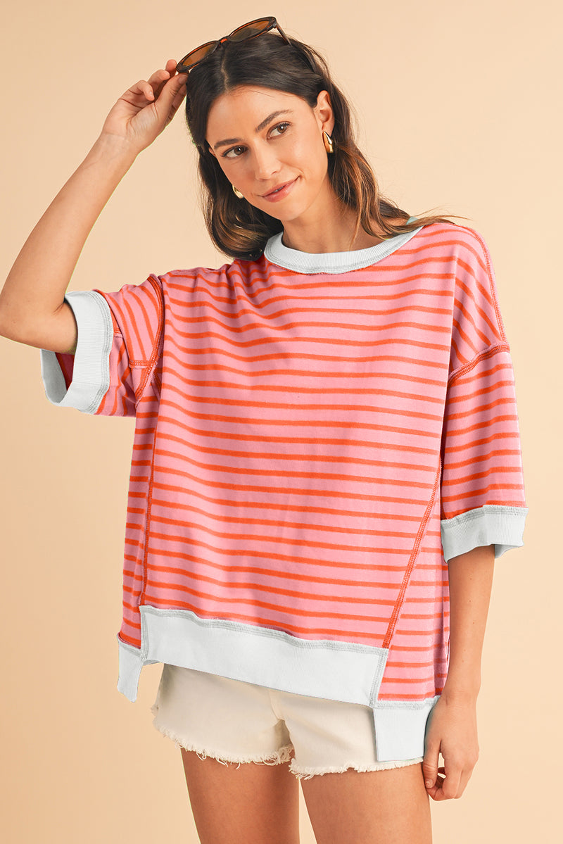 Multicolour Stripe Contrast Trim Drop Sleeve Loose Top