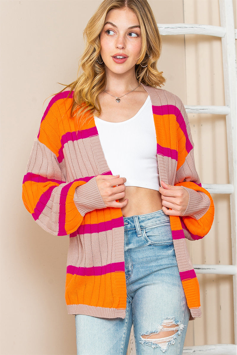 Orange Stripe Print Ribbed Knit Sweater Cardigan