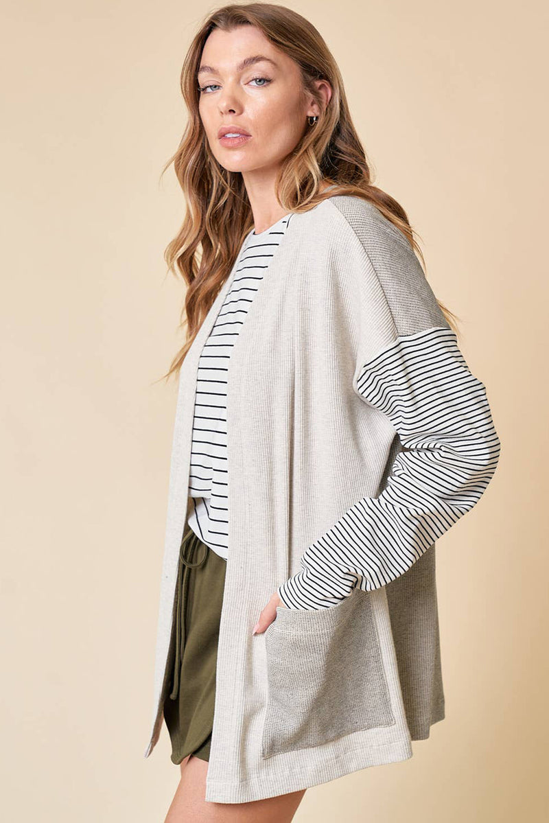 Black Striped Patchwork Pocket Open Front Cardigan