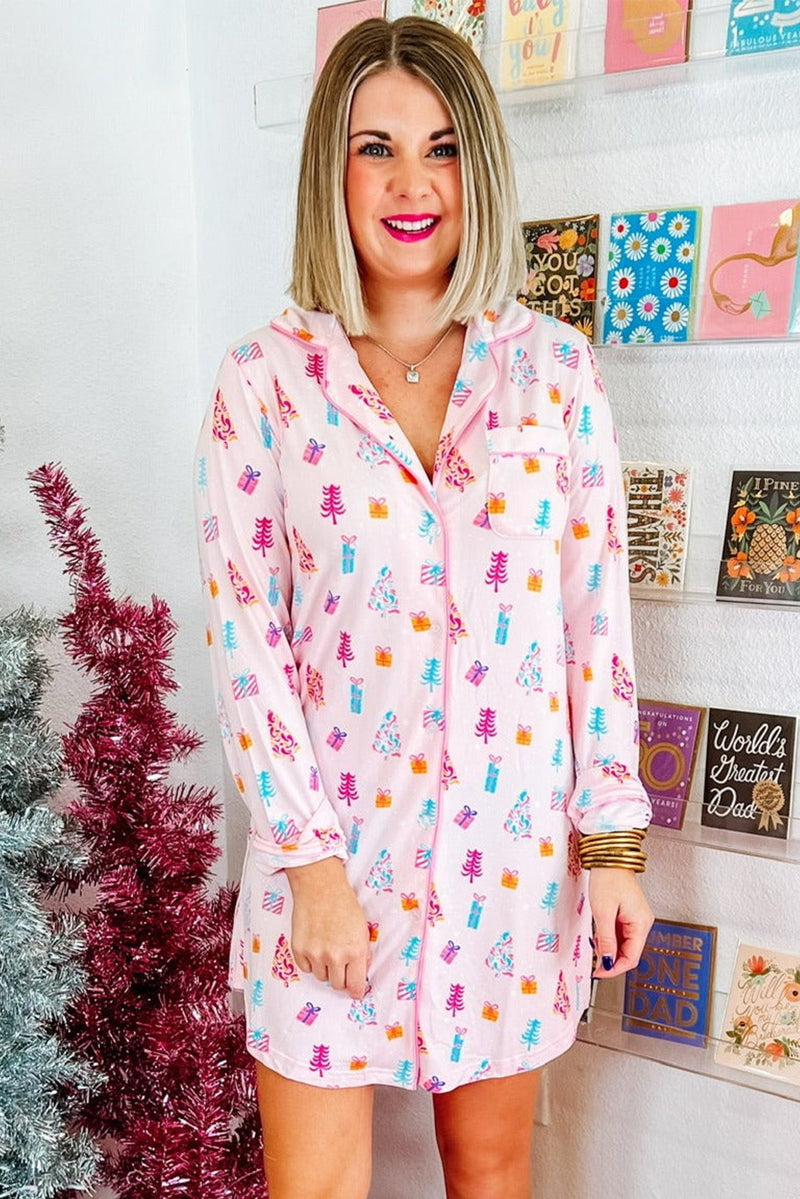 Pink Christmas Twinkle Tree Print Casual Shirt Sleep Dress