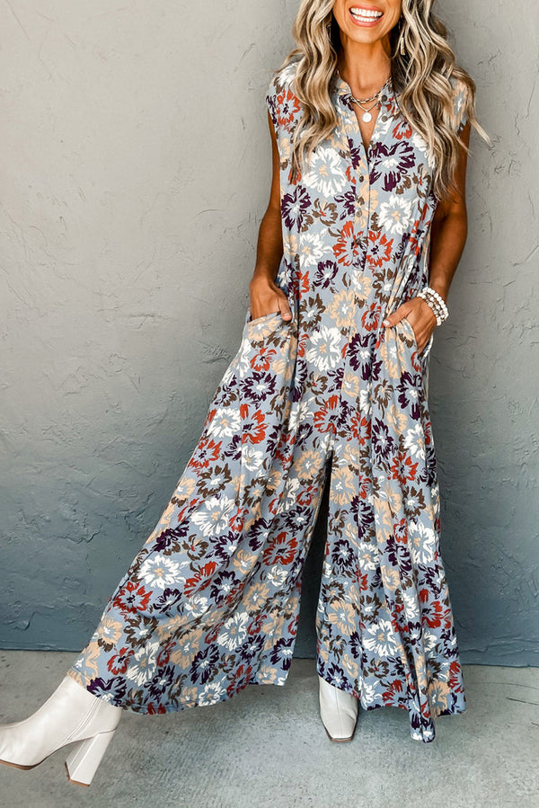 Sky Blue Floral Sleeveless Pocketed Wide Leg Jumpsuit