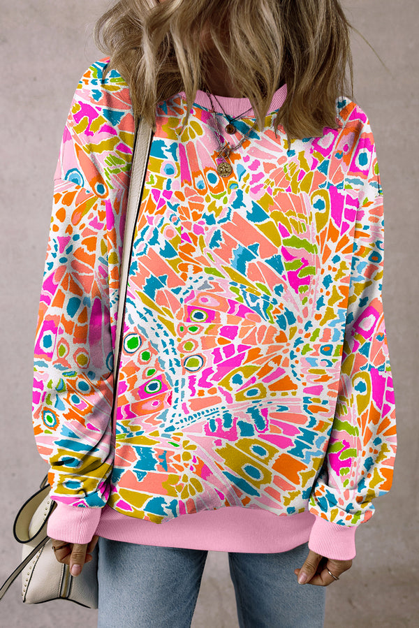 Pink Abstract Print Drop Shoulder Sweatshirt