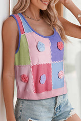 Multicolour Color Blocking Three-Dimensional Flower Knitted Vest