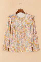 Yellow Paisley Print Ruffled Trim Button Up Boho Blouse