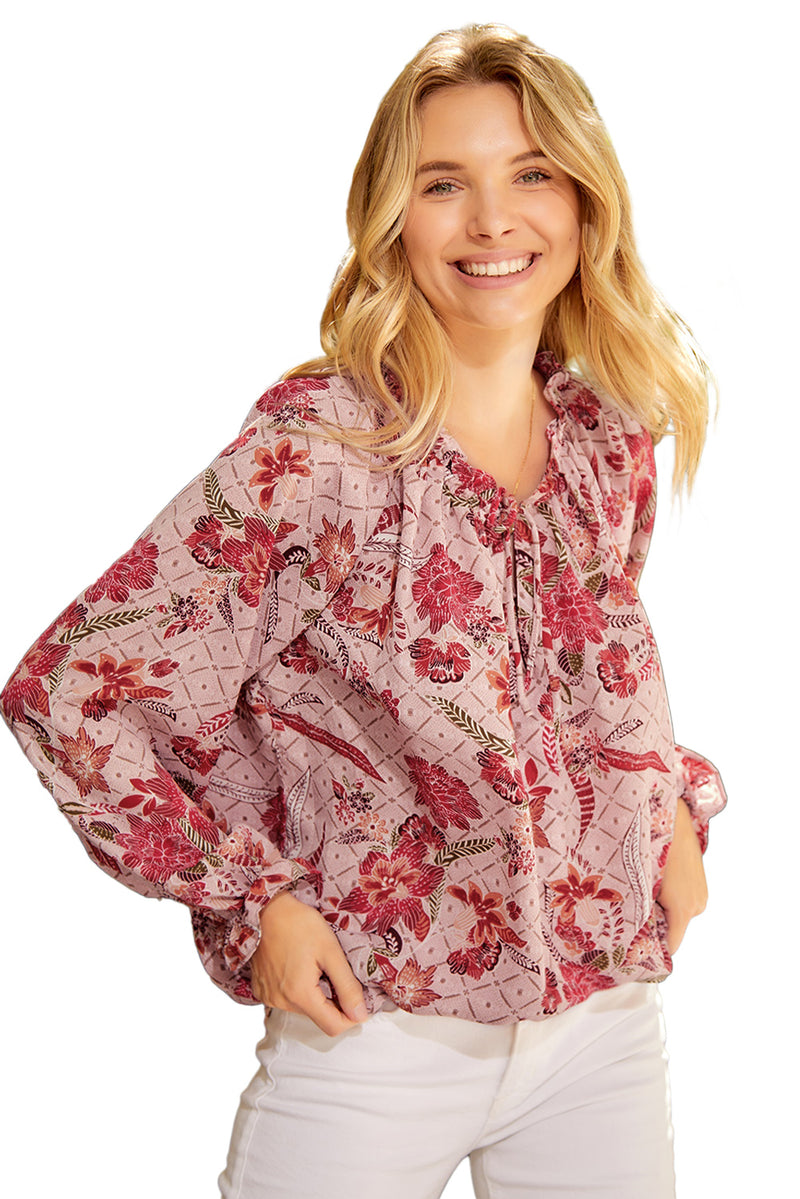 Pink Floral Print Boho Split V Neck Peasant Blouse