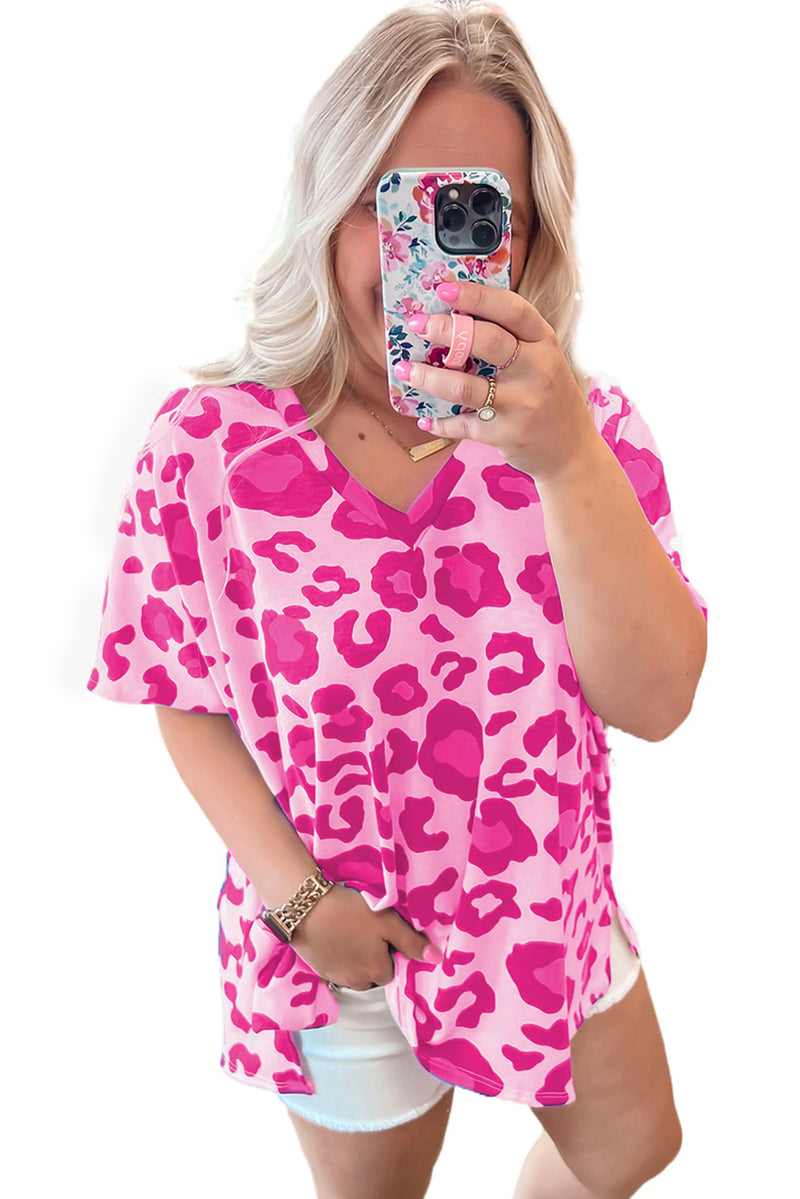 Rose Leopard Print V Neck Plus Size Tee