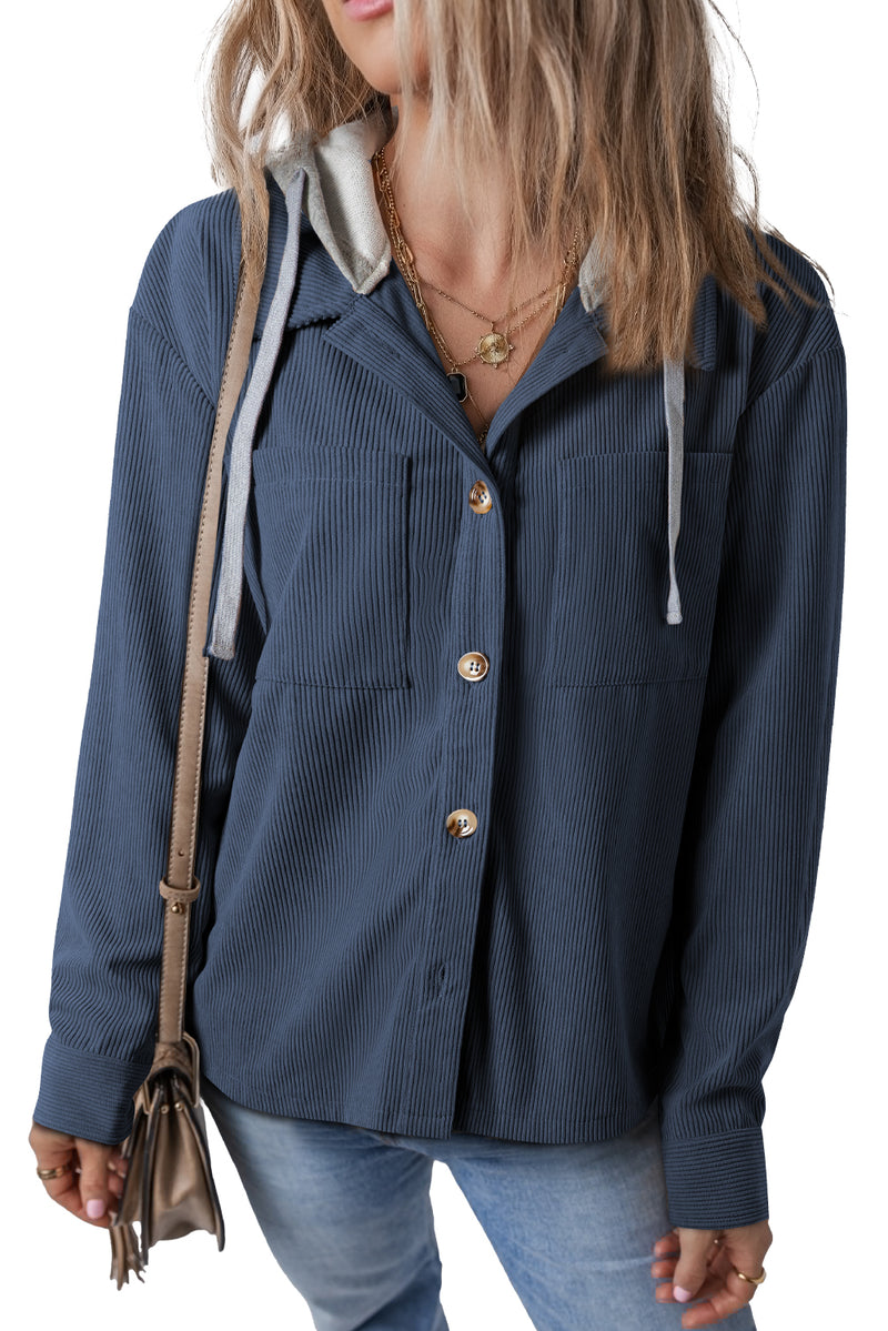 Sail Blue Pockets Drawstring Hooded Corduroy Shacket