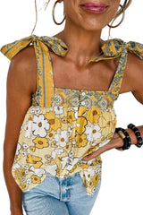 Yellow Floral Patchwork Boho Knot Straps Top