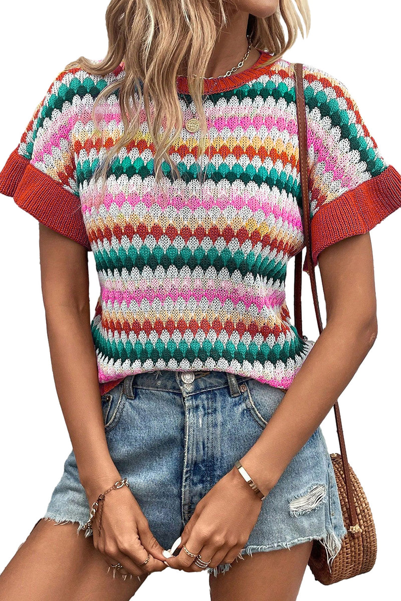 Fiery Red Colorblock Striped Ruffle Sleeve Knit Top