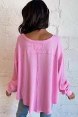 Pink Waffle Textured V-Neck Oversized Top