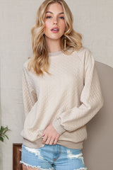 Beige Solid Color Textured Raglan Sleeve Pullover Sweatshirt