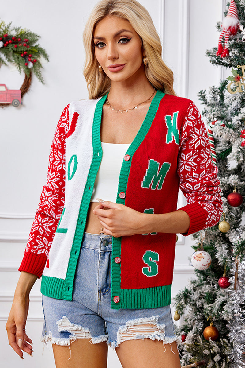 Racing Red Christmas Letter Jacquard V-Neck Knitted Cardigan