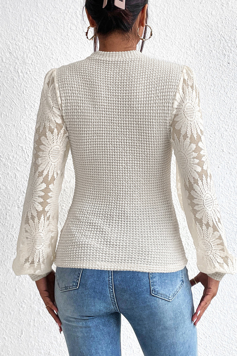 Beige Sunflower Mesh Long Sleeve Waffle Knit Top