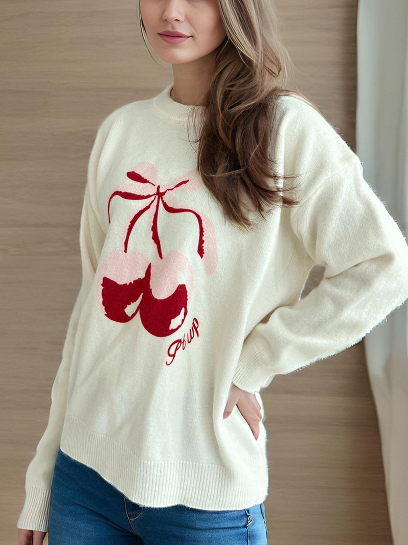 Cherry Round Neck Long Sleeve Sweater