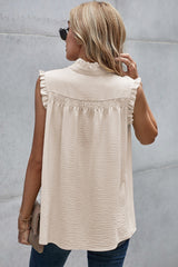 White Smocked Button Front V Neck Sleeveless Shirt