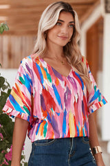 Multicolor Watercolor Abstract Print V Neck Blouse