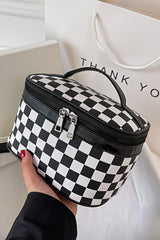 Black Checkered Zipper Large Cosmetic Bag with Handle