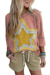 Medium Grey Floral Star Patched Exposed Seam Mineral Wash Top